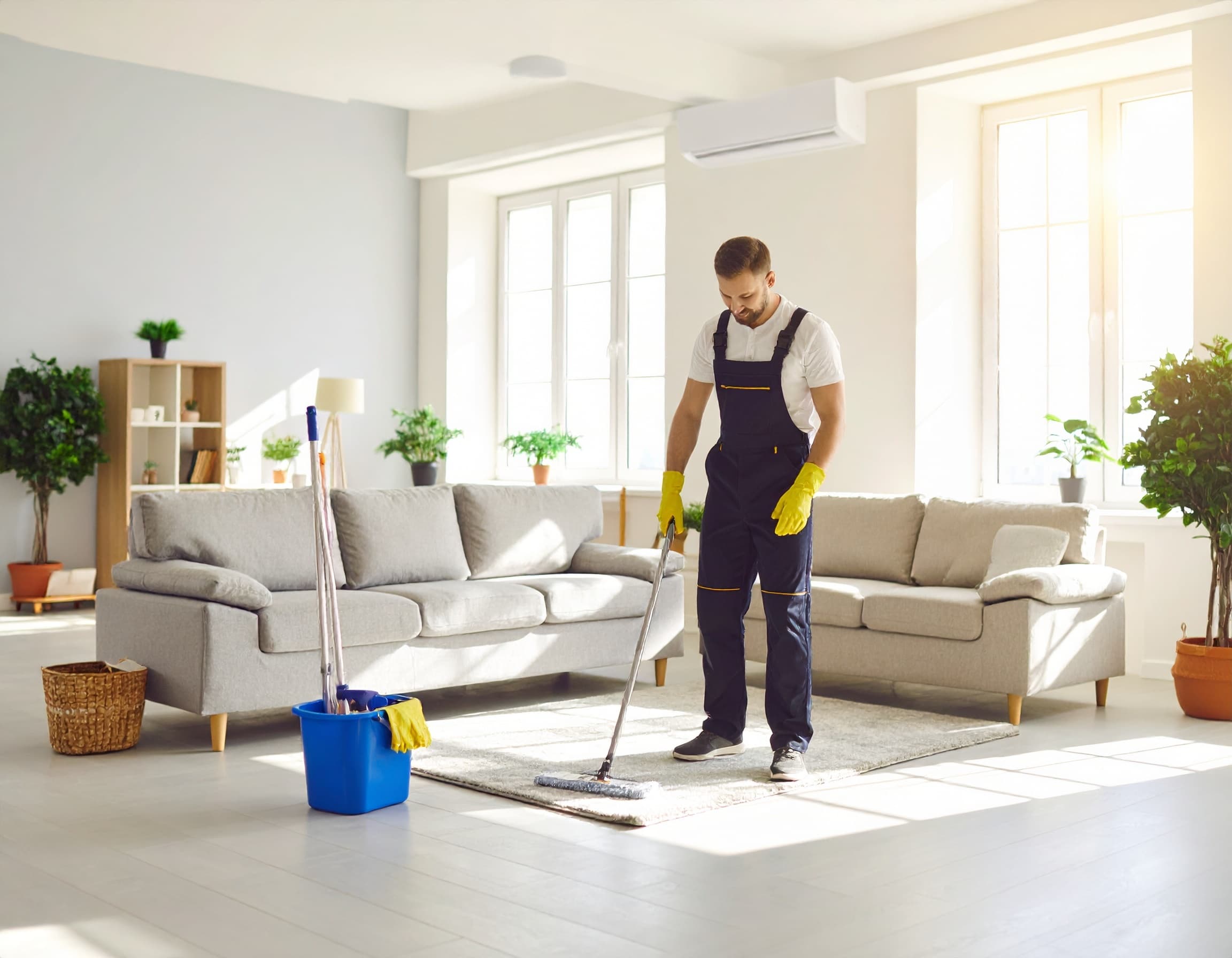 Professional home cleaner dusting shelves in a senior's living room
