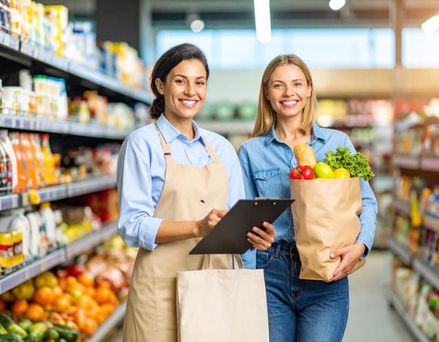 Helper assisting elderly person with grocery shopping
